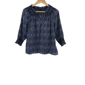 Talbots Petite Navy White Geometric Smocked Neck 3/4 Sleeve Blouse Top‎ M